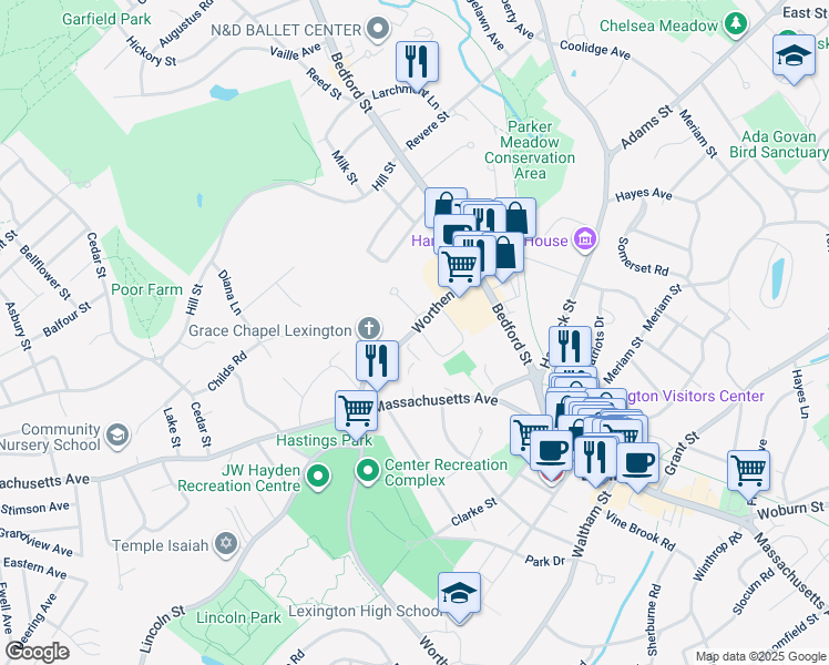 map of restaurants, bars, coffee shops, grocery stores, and more near 40 Worthen Road in Lexington