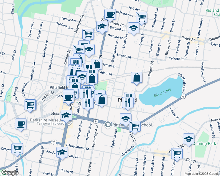 map of restaurants, bars, coffee shops, grocery stores, and more near 12 Wallace Place in Pittsfield