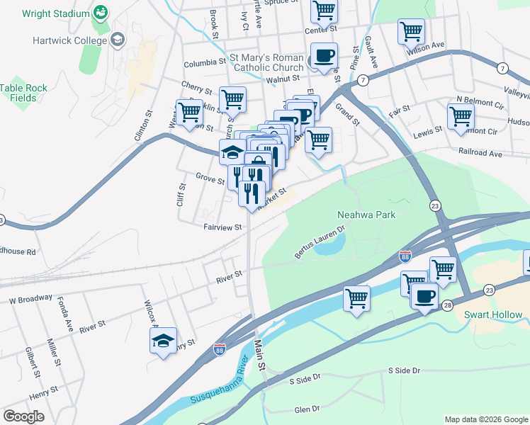 map of restaurants, bars, coffee shops, grocery stores, and more near 10 Market Street in Oneonta