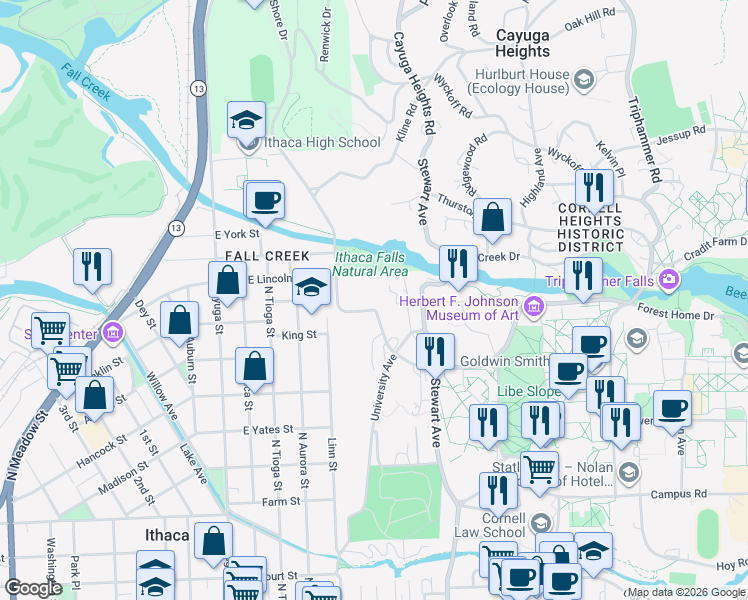 map of restaurants, bars, coffee shops, grocery stores, and more near 210 Willard Way in Ithaca