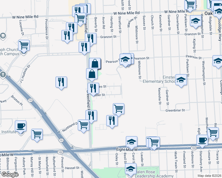 map of restaurants, bars, coffee shops, grocery stores, and more near 15125 James Street in Oak Park