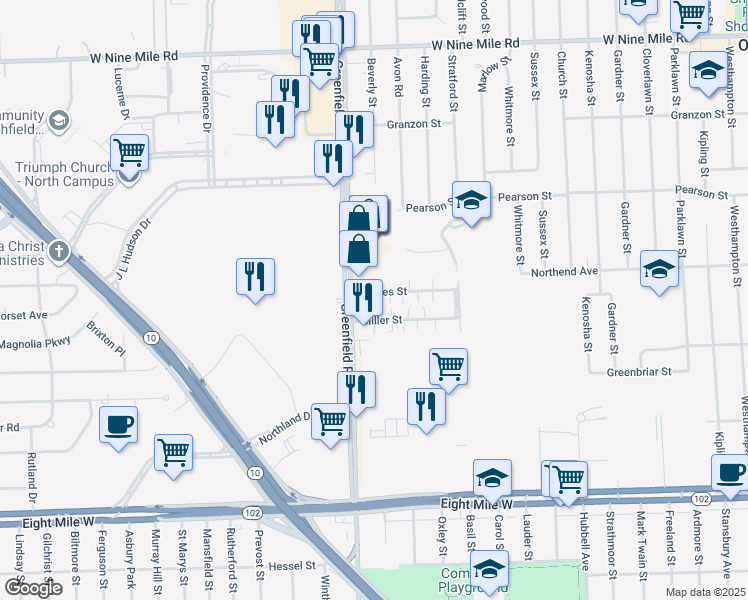 map of restaurants, bars, coffee shops, grocery stores, and more near 15335 James Street in Oak Park