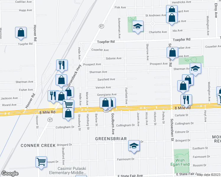 map of restaurants, bars, coffee shops, grocery stores, and more near 12748 Vernon Avenue in Warren