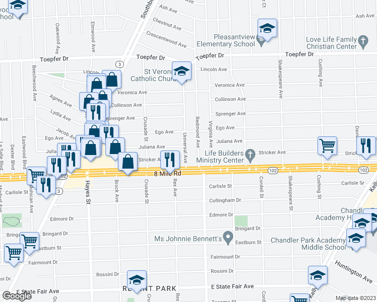 map of restaurants, bars, coffee shops, grocery stores, and more near 20828 Universal Avenue in Eastpointe