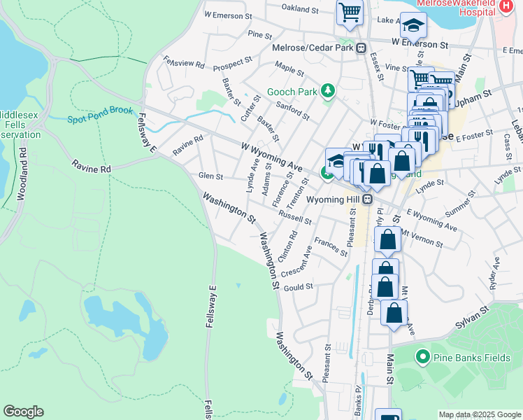 map of restaurants, bars, coffee shops, grocery stores, and more near 76 Russell Street in Melrose
