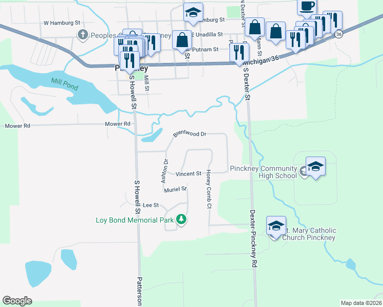 map of restaurants, bars, coffee shops, grocery stores, and more near 670 Starfield Drive in Pinckney