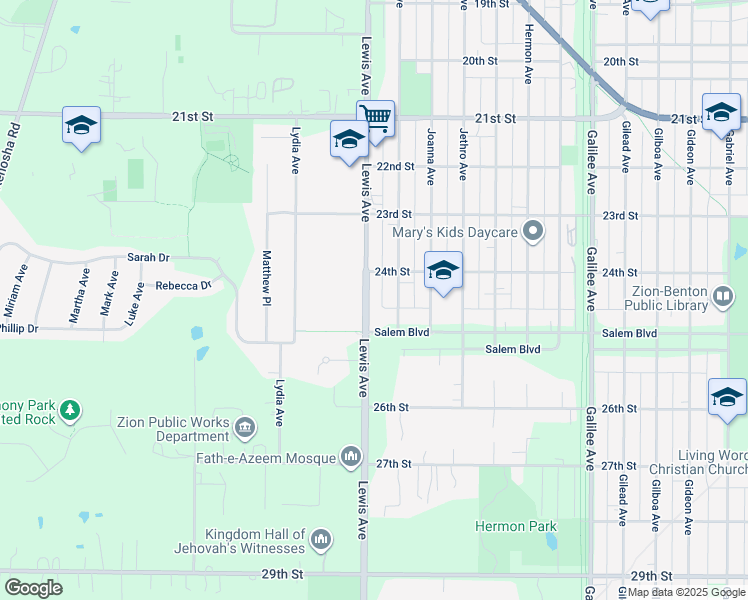 map of restaurants, bars, coffee shops, grocery stores, and more near 2417 Lewis Avenue in Zion