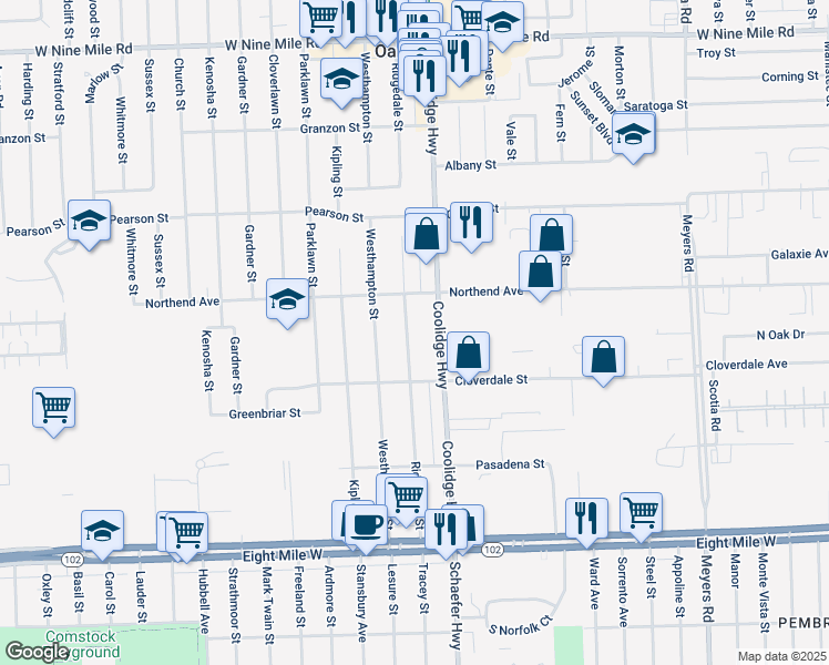 map of restaurants, bars, coffee shops, grocery stores, and more near 21390 Ridgedale Street in Oak Park