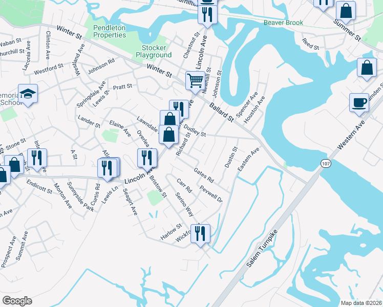 map of restaurants, bars, coffee shops, grocery stores, and more near 22 Guild Road in Saugus