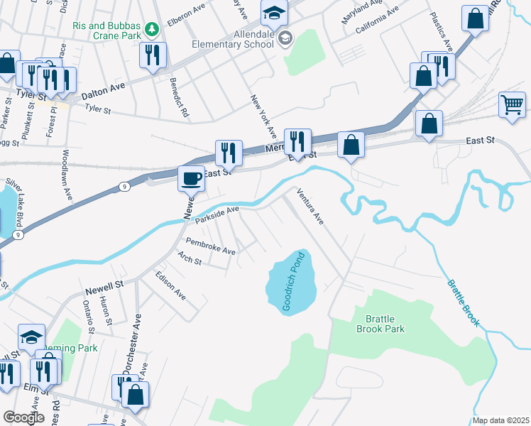 map of restaurants, bars, coffee shops, grocery stores, and more near 100 Parkside Avenue in Pittsfield