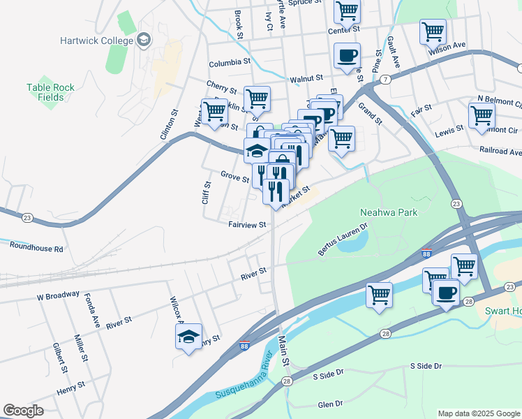map of restaurants, bars, coffee shops, grocery stores, and more near 95 Main St in Oneonta