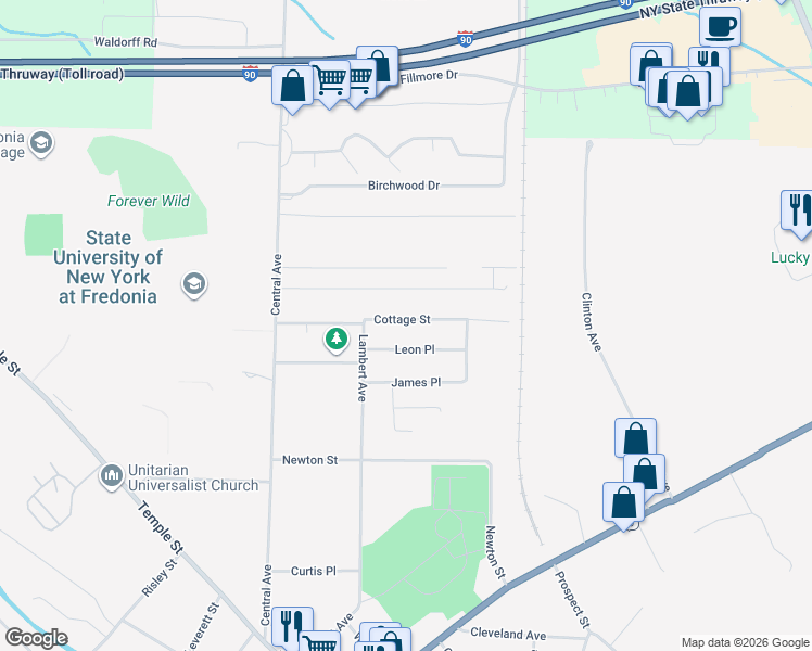 map of restaurants, bars, coffee shops, grocery stores, and more near 51 Cottage Street in Fredonia