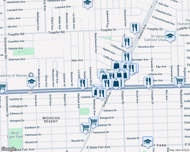 map of restaurants, bars, coffee shops, grocery stores, and more near 20916 Eastwood Boulevard in Warren