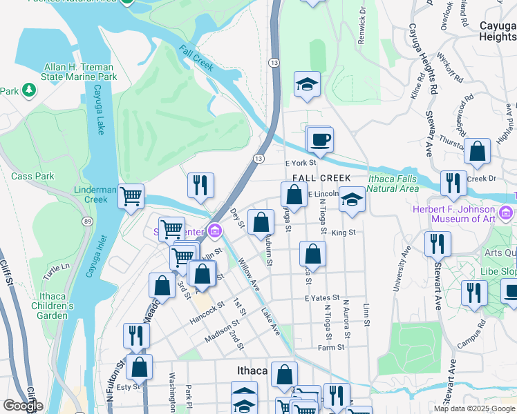map of restaurants, bars, coffee shops, grocery stores, and more near 213 W Lincoln St in Ithaca