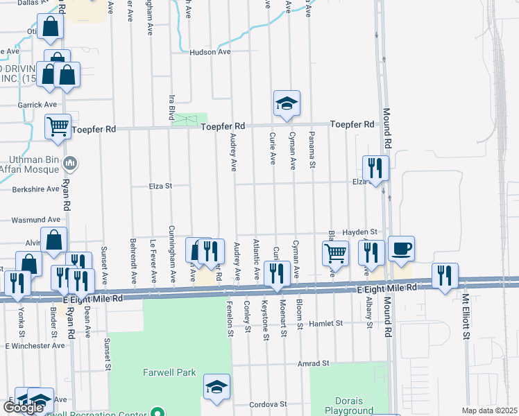 map of restaurants, bars, coffee shops, grocery stores, and more near 21116 Atlantic Avenue in Warren
