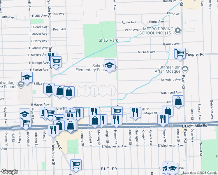 map of restaurants, bars, coffee shops, grocery stores, and more near 188 North Lafayette Boulevard in Warren