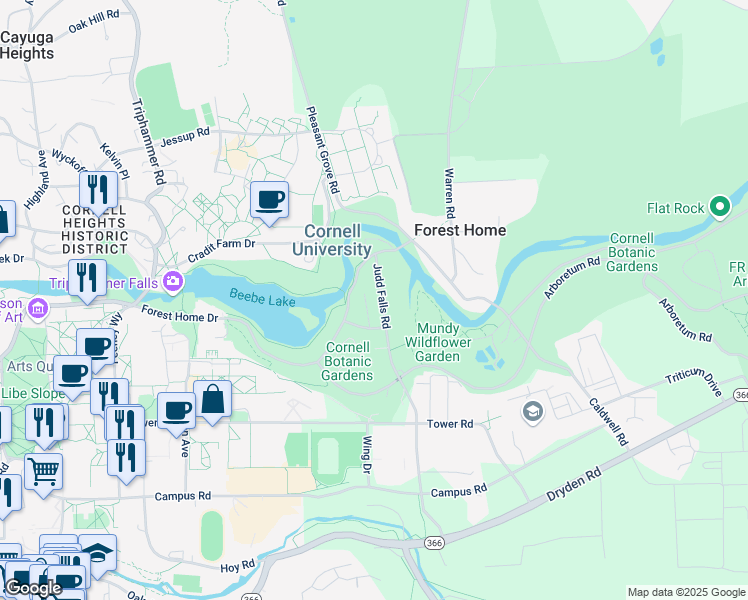map of restaurants, bars, coffee shops, grocery stores, and more near 118 Judd Falls Rd in Ithaca