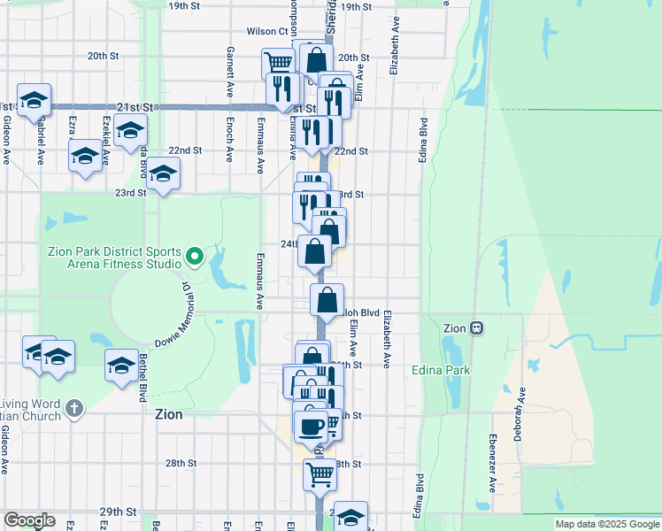map of restaurants, bars, coffee shops, grocery stores, and more near 2437 Sheridan Road in Zion