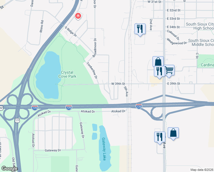 map of restaurants, bars, coffee shops, grocery stores, and more near 612 West 39th Street in South Sioux City