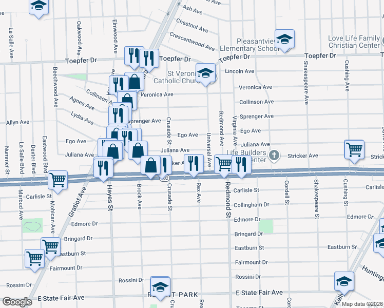 map of restaurants, bars, coffee shops, grocery stores, and more near 15628 Juliana Avenue in Eastpointe
