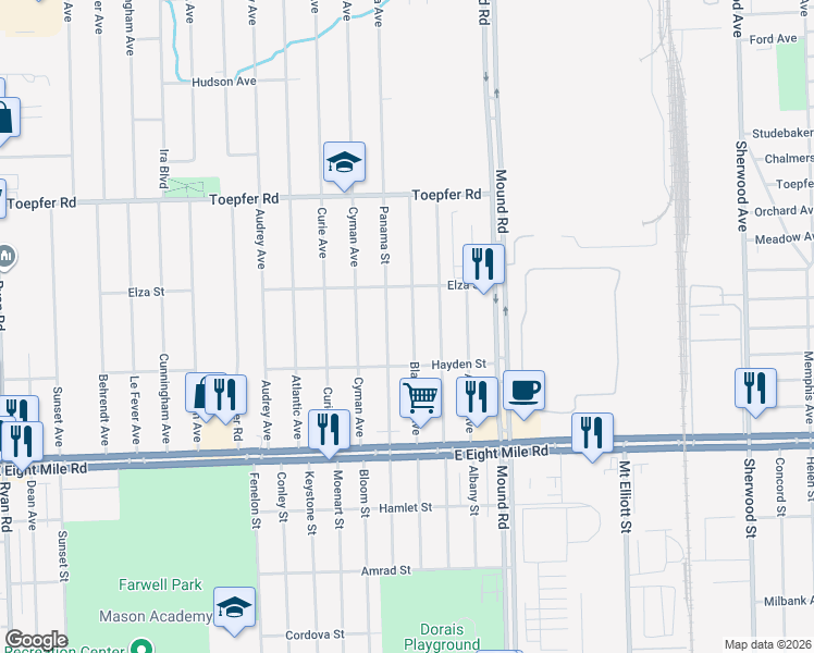 map of restaurants, bars, coffee shops, grocery stores, and more near 21099 Blackmar Avenue in Warren
