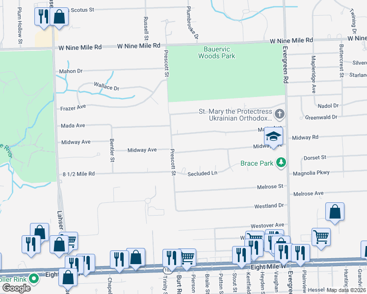 map of restaurants, bars, coffee shops, grocery stores, and more near 20806 Midway Avenue in Southfield