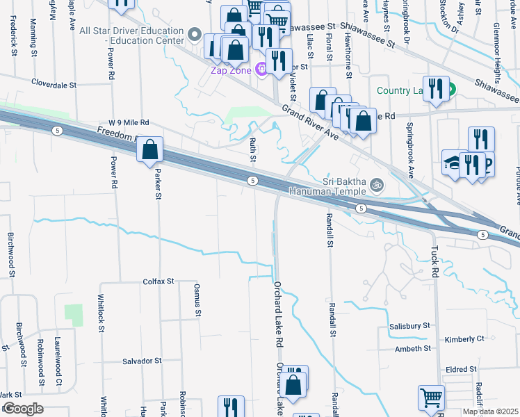 map of restaurants, bars, coffee shops, grocery stores, and more near 21755 Orchard Lake Road in Farmington Hills