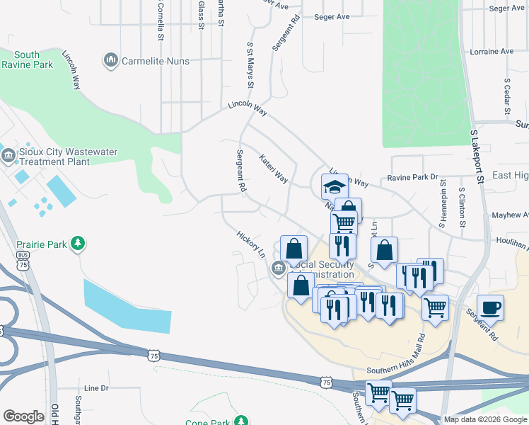 map of restaurants, bars, coffee shops, grocery stores, and more near 4220 Sergeant Road in Sioux City