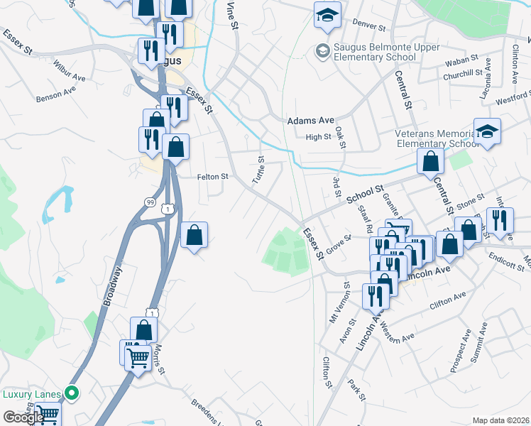 map of restaurants, bars, coffee shops, grocery stores, and more near 8 Hood Street in Saugus