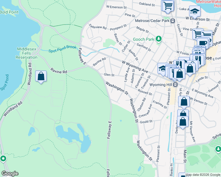 map of restaurants, bars, coffee shops, grocery stores, and more near 30 Pebble Rd in Melrose