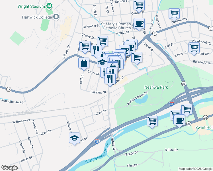 map of restaurants, bars, coffee shops, grocery stores, and more near 95 Main Street in Oneonta