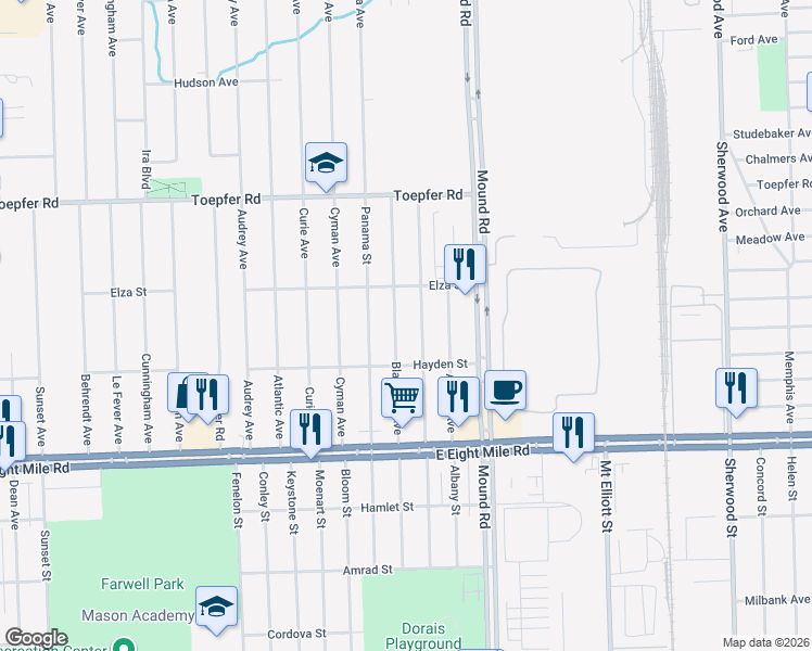 map of restaurants, bars, coffee shops, grocery stores, and more near 21100 Blackmar Ave in Warren