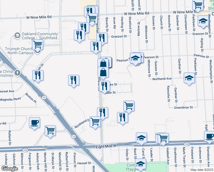 map of restaurants, bars, coffee shops, grocery stores, and more near 15421 James Street in Oak Park