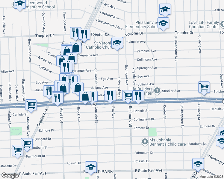 map of restaurants, bars, coffee shops, grocery stores, and more near 15644 Juliana Avenue in Eastpointe