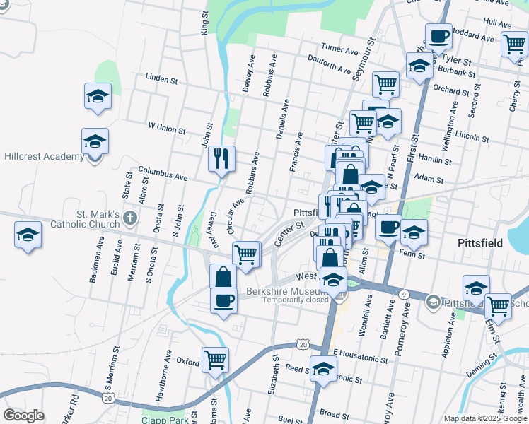 map of restaurants, bars, coffee shops, grocery stores, and more near 16 Jubilee Terrace in Pittsfield
