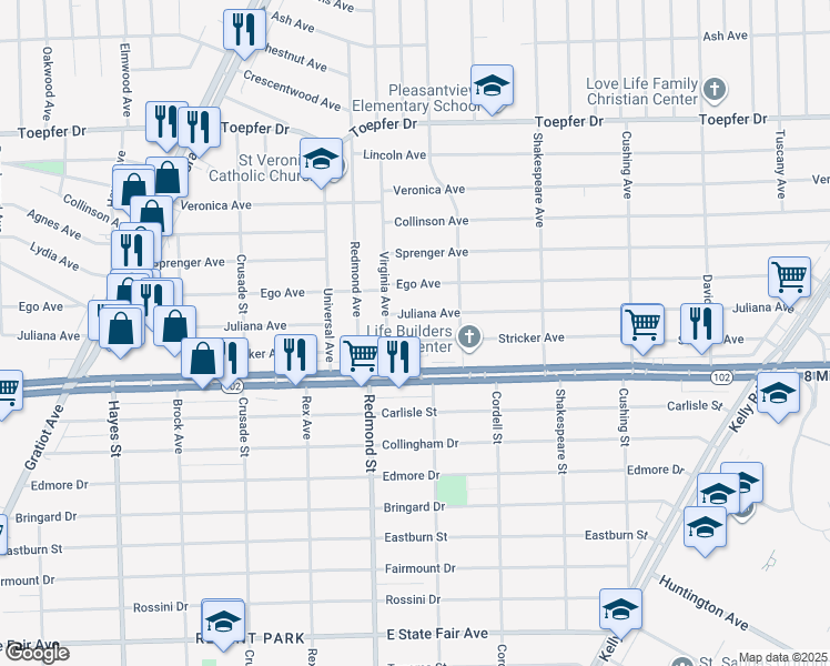map of restaurants, bars, coffee shops, grocery stores, and more near 16125 Stricker Avenue in Eastpointe