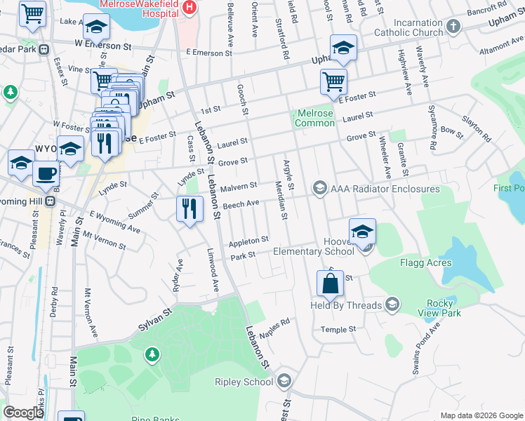 map of restaurants, bars, coffee shops, grocery stores, and more near 52 Elliott Street in Melrose