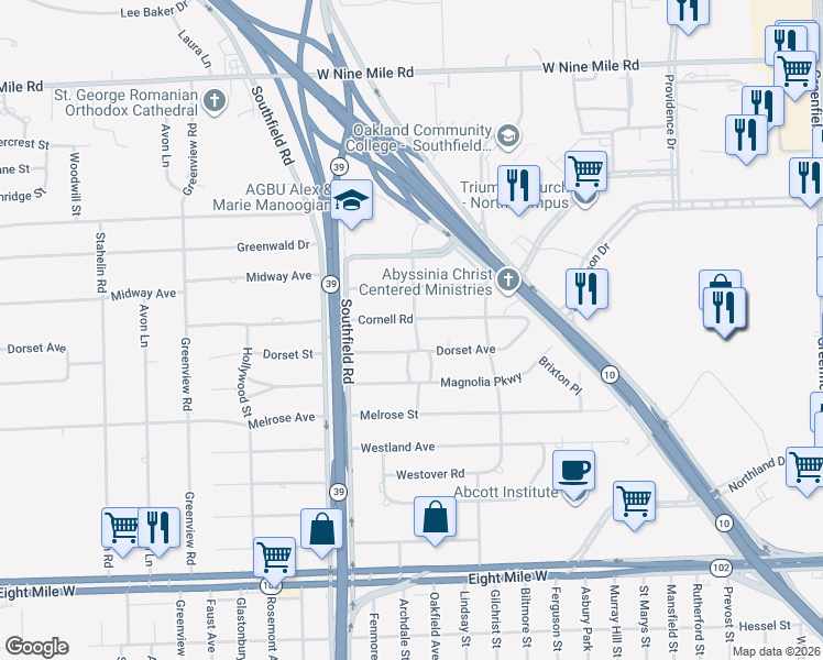 map of restaurants, bars, coffee shops, grocery stores, and more near 17505 Cornell Rd in Southfield
