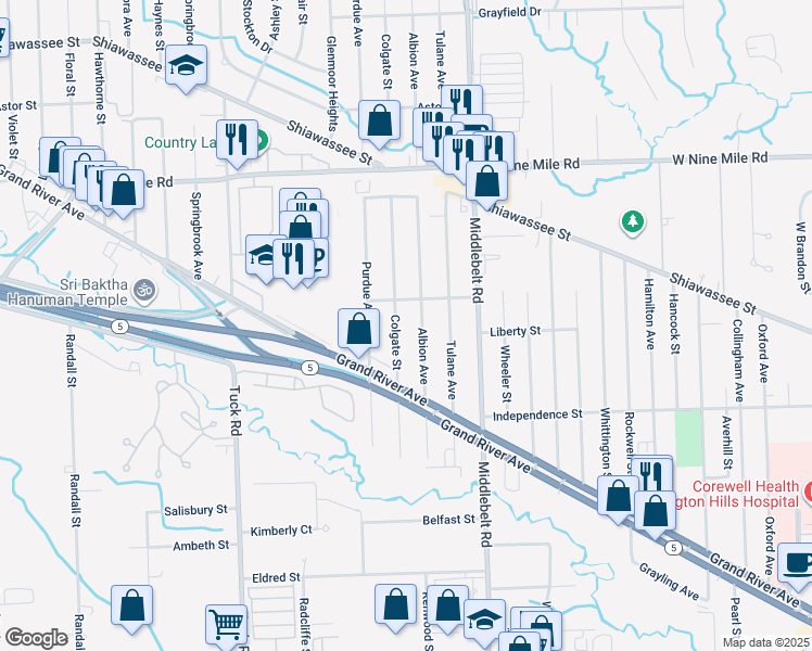 map of restaurants, bars, coffee shops, grocery stores, and more near 21720 Colgate Street in Farmington Hills