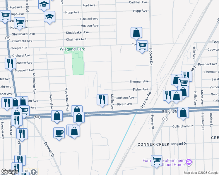 map of restaurants, bars, coffee shops, grocery stores, and more near 11267 Fisher Avenue in Warren