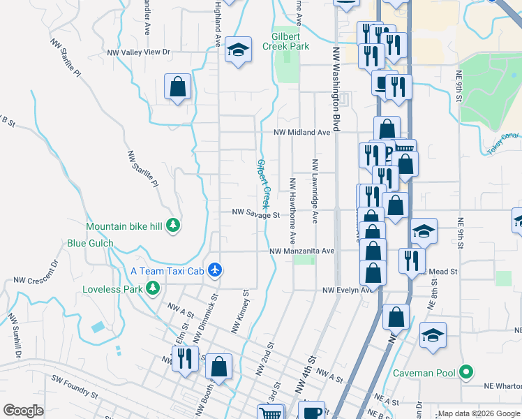 map of restaurants, bars, coffee shops, grocery stores, and more near 536 Northwest Savage Street in Grants Pass