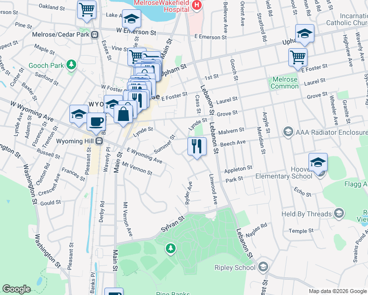 map of restaurants, bars, coffee shops, grocery stores, and more near 21-23 Rendall Place in Melrose