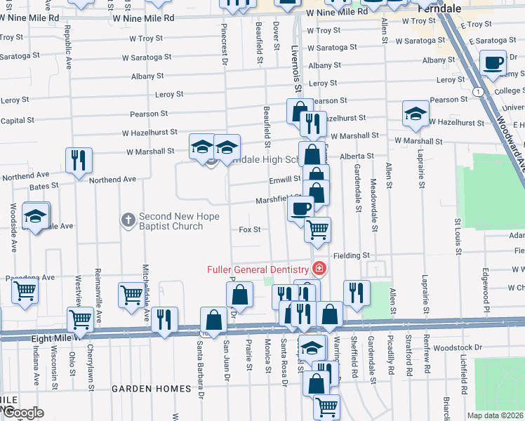 map of restaurants, bars, coffee shops, grocery stores, and more near 668 Kensington Avenue in Ferndale