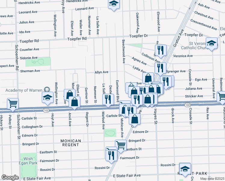 map of restaurants, bars, coffee shops, grocery stores, and more near 20916 Dexter Boulevard in Warren