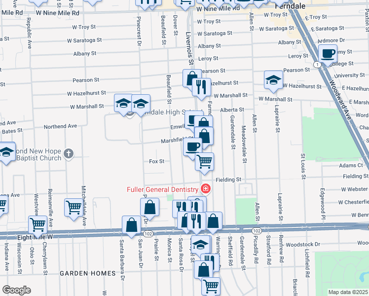 map of restaurants, bars, coffee shops, grocery stores, and more near 660 Stratford Road in Ferndale