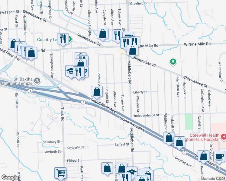 map of restaurants, bars, coffee shops, grocery stores, and more near 21728 Albion Avenue in Farmington Hills