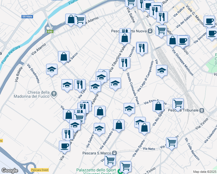 map of restaurants, bars, coffee shops, grocery stores, and more near 185 Via Nazionale Tiburtina Valeria in Pescara
