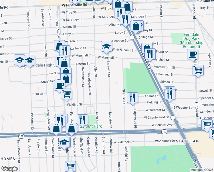 map of restaurants, bars, coffee shops, grocery stores, and more near 645 Laprairie Street in Ferndale