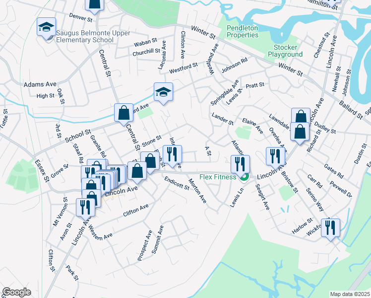 map of restaurants, bars, coffee shops, grocery stores, and more near 8 Hillside Avenue in Saugus