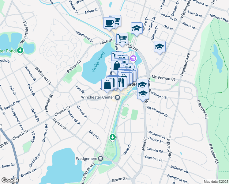 map of restaurants, bars, coffee shops, grocery stores, and more near 36 Church Street in Winchester